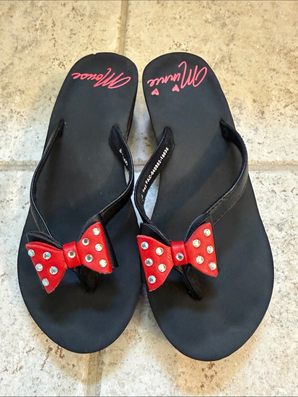 Retired! Disney Minnie Mouse Black Wedge Flip Flops with Red Bow and Rhinestones